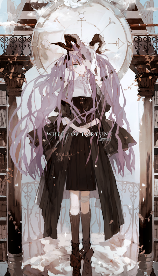 1girl, animal_skull, asahiro, bandaged_leg, bandages, blue_eyes, book, bookshelf, boots, crossed_arms, dress, english_text, feet_out_of_frame, fence, horns, indoors, kneehighs, light_smile, long_hair, original, pillar, plant, purple_hair, shelf, short_sleeves, solo, standing, tarot, vines, wheel_of_fortune_(tarot_card)