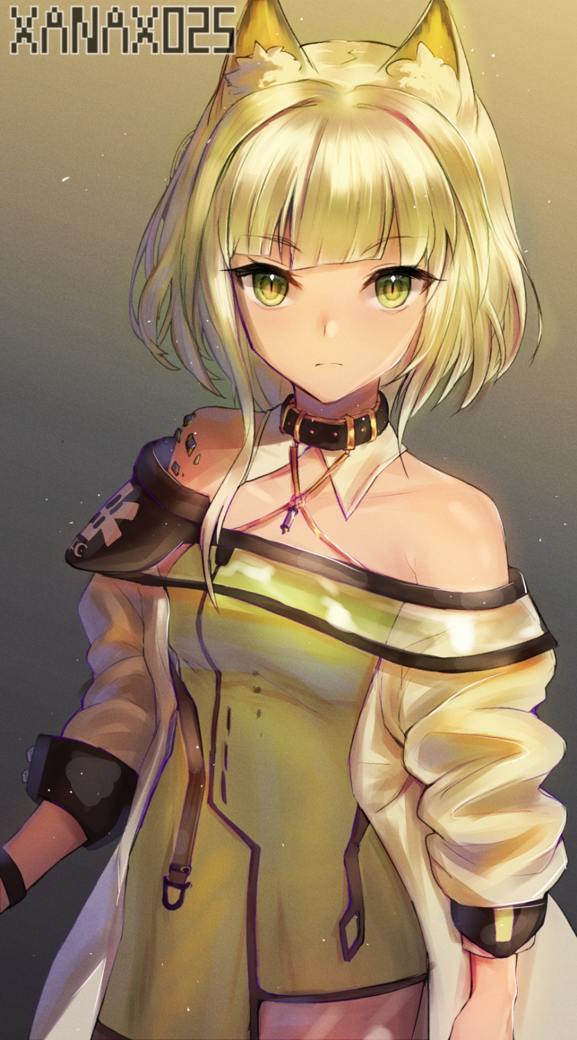1girl, animal_ears, arknights, artist_name, bangs, bare_shoulders, commentary, criss-cross_halter, dress, eyebrows_visible_through_hair, gradient, gradient_background, green_dress, green_eyes, halterneck, highres, kal'tsit_(arknights), long_sleeves, looking_at_viewer, lynx_ears, off-shoulder_dress, off_shoulder, oripathy_lesion_(arknights), short_hair, silver_hair, solo, upper_body, xanax025