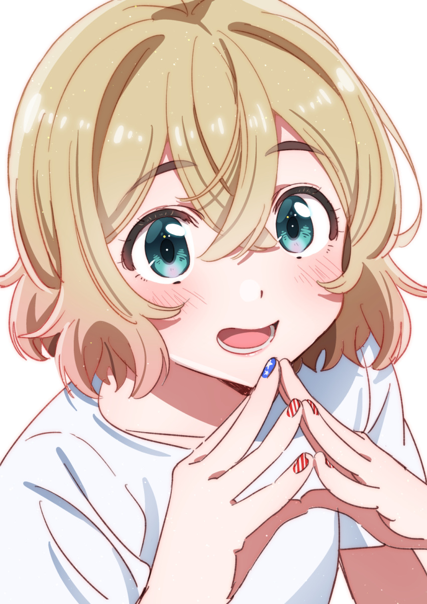 1girl, blonde_hair, blush, green_eyes, highres, kaaaaaappe, kanojo_okarishimasu, lips, nail_polish, nanami_mami, open_mouth, shirt, short_hair, t-shirt, teeth