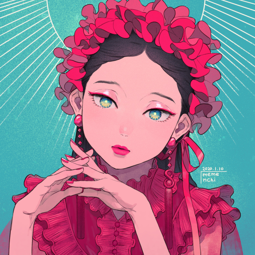 1girl, aburage_(motimotigg20), black_hair, dated, earrings, eyeshadow, green_eyes, hands_together