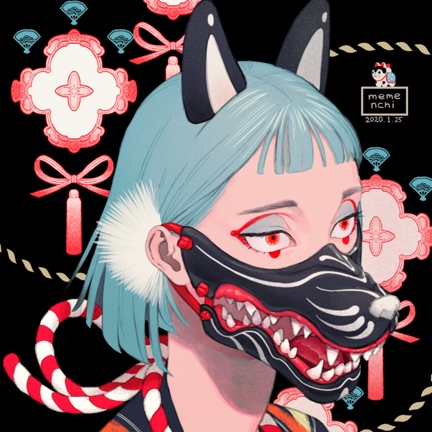 1girl, aburage_(motimotigg20), animal_ears, aqua_hair, bangs, bow, dated, eyeshadow