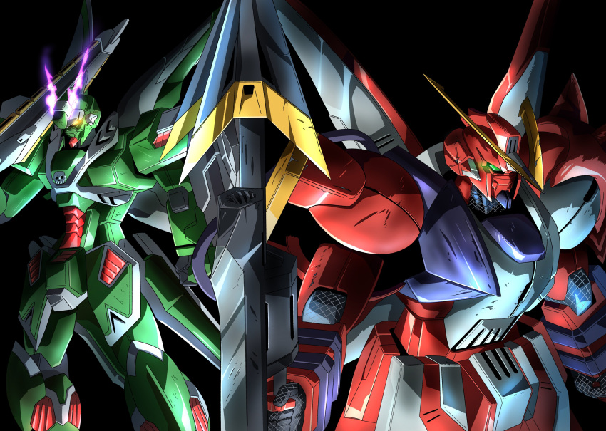 absurdres, anchor_(mecha), black_background, clenched_hand, crossbone_gundam, crossbone_gundam_dust, crossbone_gundam_ghost, glowing