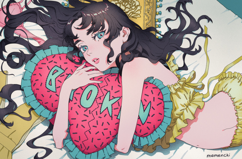 1girl, aburage_(motimotigg20), aqua_eyes, aqua_nails, bangs, black_hair, frilled_pillow, frills, from_above, highres, long_hair, lying, midriff, navel, on_side, original, parted_lips, pillow, pillow_hug, solo, upper_body