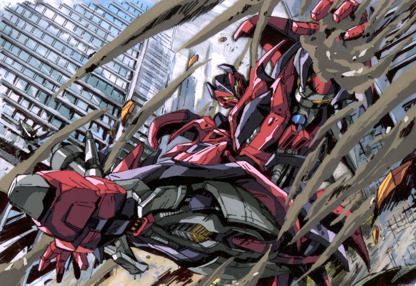 1980s_(style), 1boy, autobot, building, dust, highres, kicking, looking_down