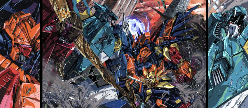 1980s_(style), 2boys, character_request, damaged, decepticon, fighting, highres, holding
