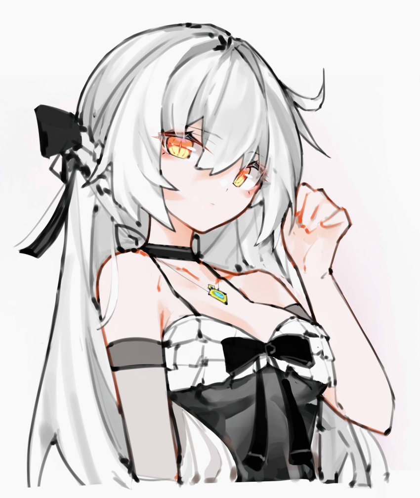1girl, bangs, bare_shoulders, black_bow, black_choker, black_dress, bow, braid, breasts, brown_eyes, choker, collarbone, dress, error1980, eyebrows_visible_through_hair, frilled_dress, frills, grey_background, hair_between_eyes, hair_bow, hair_intakes, hand_up, highres, honkai_(series), honkai_impact_3rd, jewelry, kiana_kaslana, long_hair, looking_at_viewer, medium_breasts, pendant, silver_hair, simple_background, sleeveless, sleeveless_dress, solo, upper_body, very_long_hair