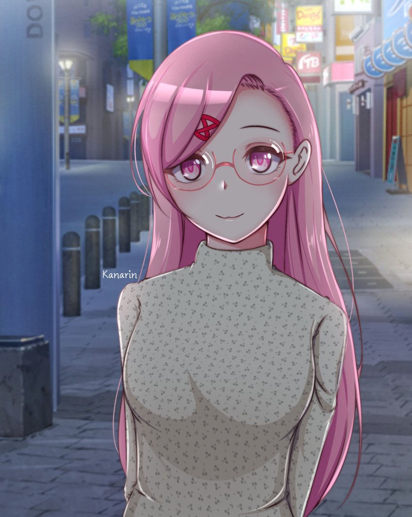 1girl, :3, alternate_hair_length, alternate_hairstyle, artist_name, bangs, breasts, cherry_print, commentary, doki_doki_literature_club, food_print, glasses, hair_ornament, hairclip, highres, kanarin6, large_breasts, long_hair, long_sleeves, looking_at_viewer, natsuki_(doki_doki_literature_club), older, outdoors, pink_eyes, pink_hair, road, smile, solo, street, swept_bangs, symbol_commentary, turtleneck, upper_body