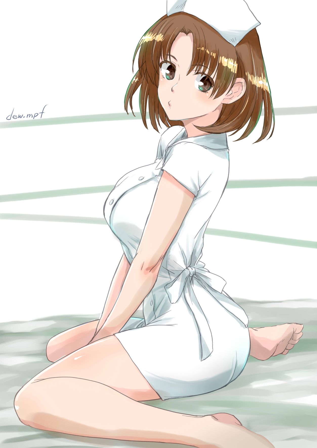 1girl, alternate_costume, barefoot, breasts, brown_eyes, brown_hair, chiyoda_(kantai_collection), commentary_request