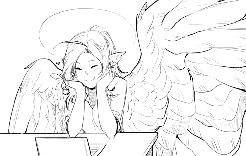 1girl, ^_^, ahoge, closed_eyes, elbow_rest, greyscale, haohi_(less), happy, heart, large_wings, less, monochrome, notebook, original, pointy_ears, sketch, smile, solo, table, wings