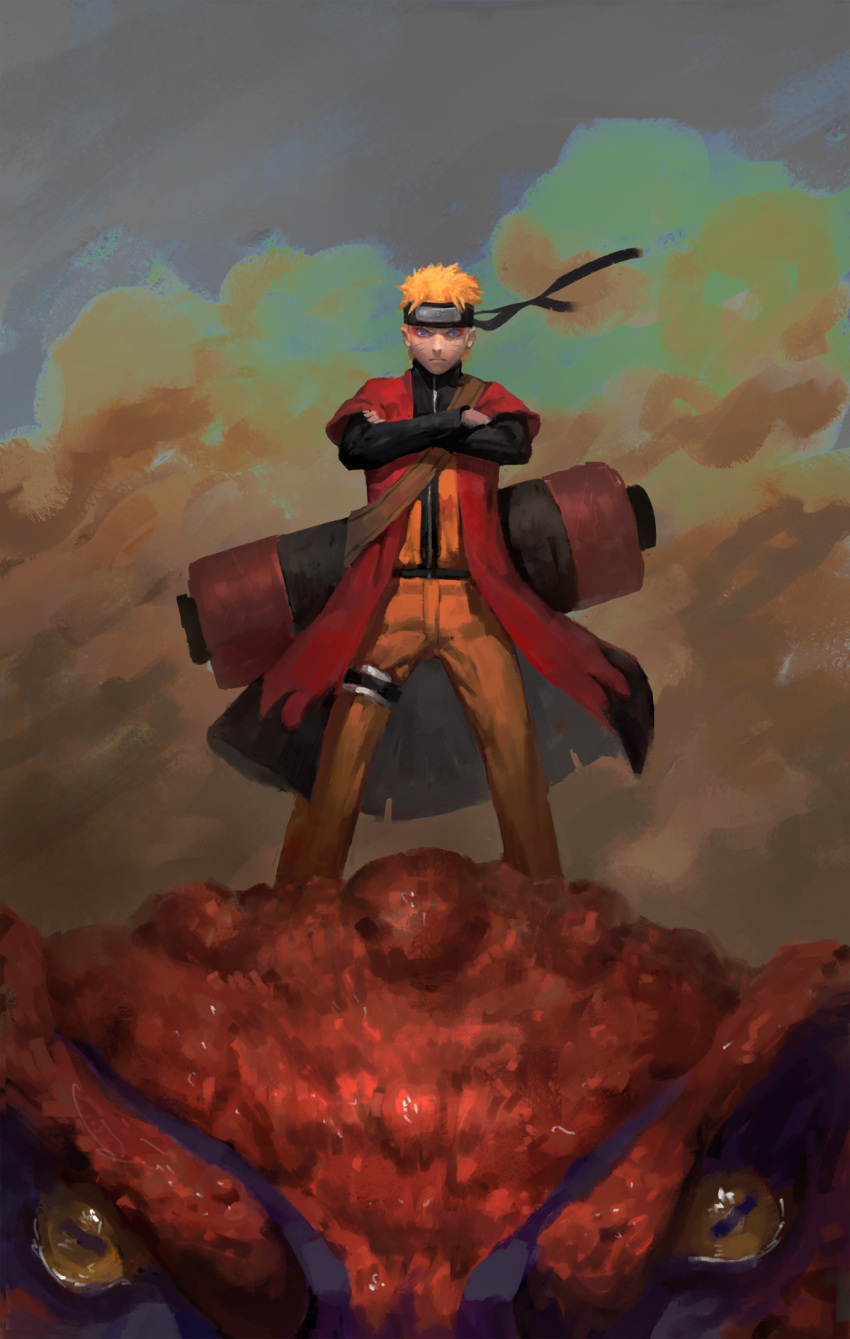 1boy, animal, black_headband, blonde_hair, blue_eyes, closed_mouth, coat, crossed_arms, diaodiao, duplicate, facial_mark, frog, gamakichi_(naruto), headband, highres, naruto, naruto_(series), oversized_animal, red_coat, scroll, sennin_mode, slit_pupils, smoke, solo_focus, standing, thigh_strap, torn, torn_clothes, torn_coat, uzumaki_naruto, whisker_markings, yellow_eyes, zipper
