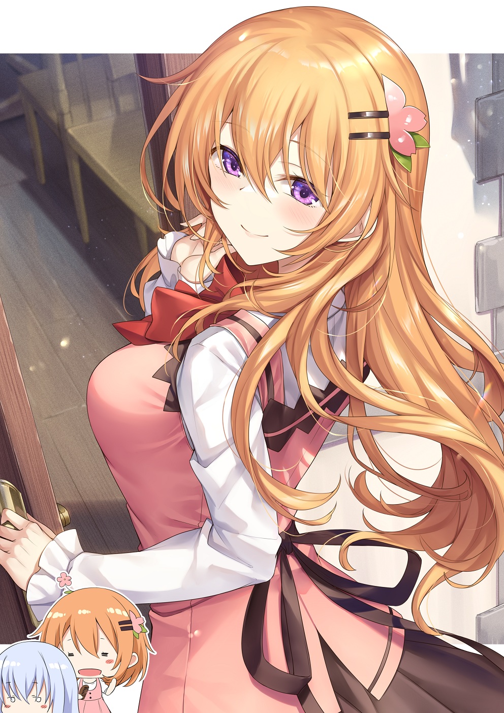 2girls, arm_up, bangs, black_dress, breasts, chibi, chibi_inset, door