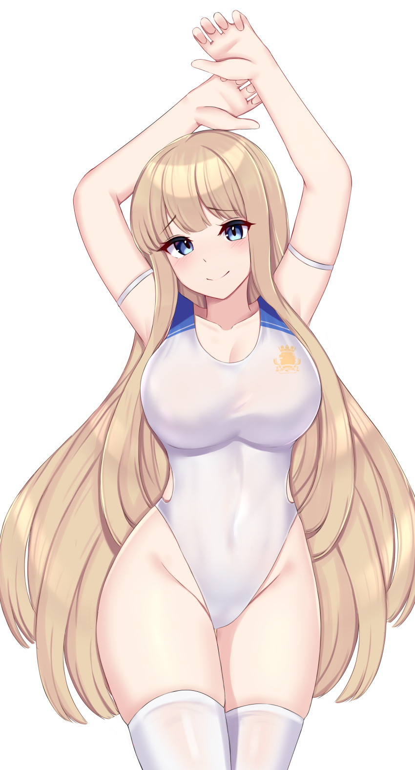 1girl, absurdres, arms_up, azur_lane, blonde_hair, blue_eyes, breasts, competition_swimsuit