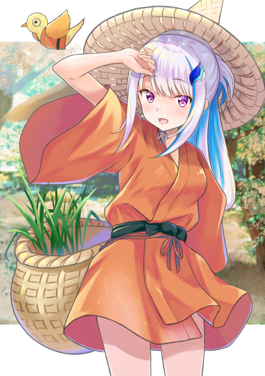 1girl, :d, absurdres, arm_up, bangs, basket, bird, blue_hair