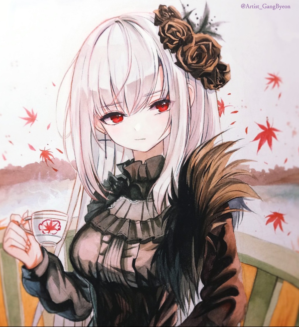 1girl, autumn_leaves, bench, cross, cross_earrings, cup, day, earrings, flower, gangbyeon, gothic_lolita, hair_flower, hair_ornament, jewelry, lolita_fashion, long_hair, long_sleeves, looking_at_viewer, original, outdoors, red_eyes, silver_hair, sitting, teacup, twitter_username, upper_body