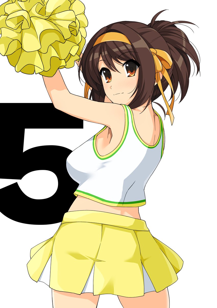 1girl, alternate_hairstyle, arms_up, breasts, brown_eyes, brown_hair, cheerleader, closed_mouth