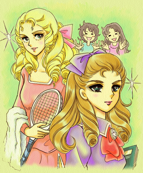 4girls, :d, ace_wo_nerae!, black_hair, blonde_hair, blue_eyes, blush, book