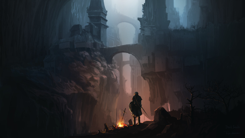 1other, ambiguous_gender, armor, artist_name, bare_tree, boots, bridge, building