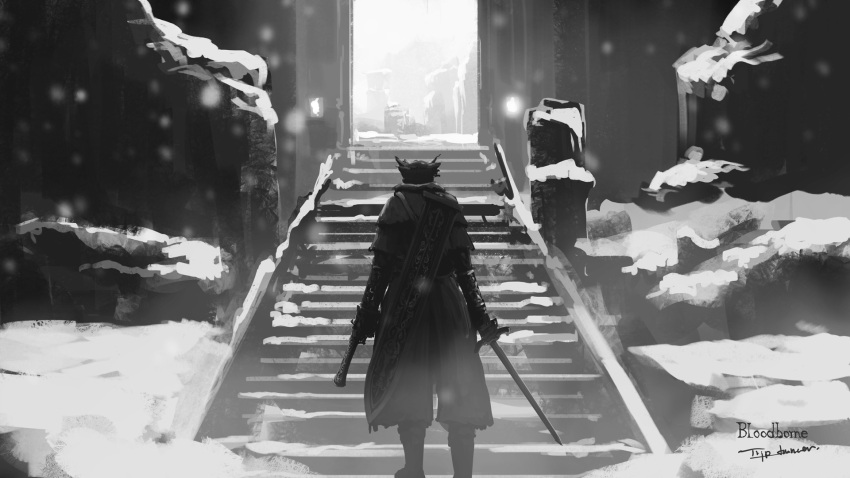 1other, ambiguous_gender, arms_at_sides, bloodborne, boots, brown_coat, brown_headwear, coat