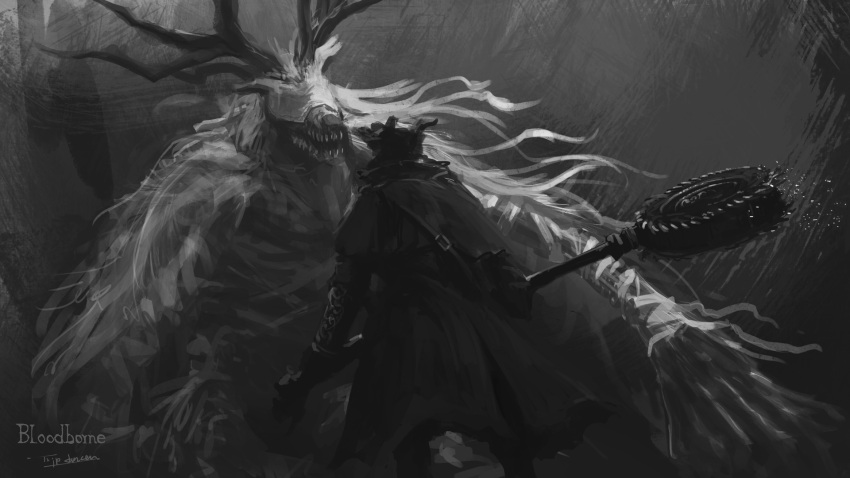 1other, ambiguous_gender, antlers, bandages, black_headwear, bloodborne, boots, brown_capelet