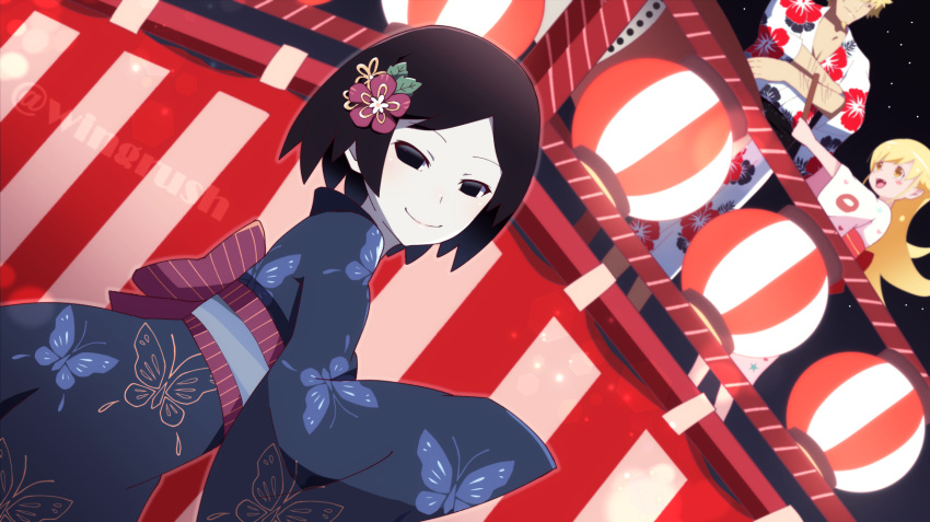 1boy, 2girls, animal_print, bangs, beard, black_eyes, black_hair, blonde_hair