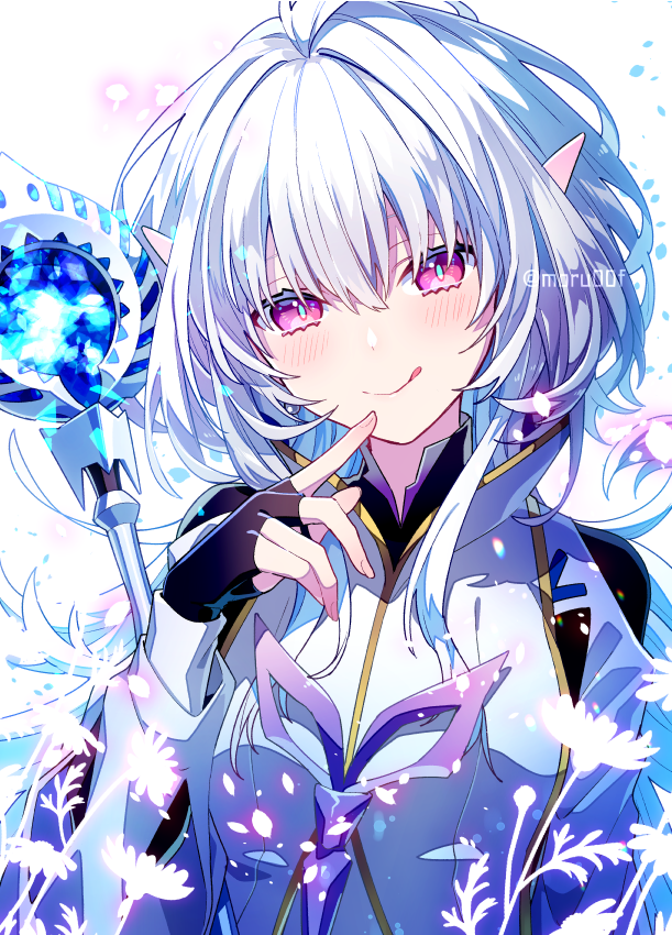 1girl, ahoge, black_gloves, blush, breasts, closed_mouth, commentary_request, eyebrows_visible_through_hair, fate/grand_order, fate/grand_order_arcade, fate/prototype, fate_(series), fingerless_gloves, flower, gloves, hair_between_eyes, hair_ornament, hand_on_own_face, long_hair, long_sleeves, looking_at_viewer, merlin_(fate/prototype), moru00f, petals, pink_eyes, robe, simple_background, smile, solo, staff, tongue, tongue_out, twitter_username, very_long_hair, white_background, white_hair, white_robe, wide_sleeves