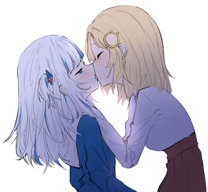2girls, blonde_hair, blush, closed_eyes, english_commentary, enot, french_kiss, gawr_gura, hololive, hololive_english, kiss, leaning_on_person, long_hair, multiple_girls, short_hair, virtual_youtuber, watson_amelia, white_hair, yuri
