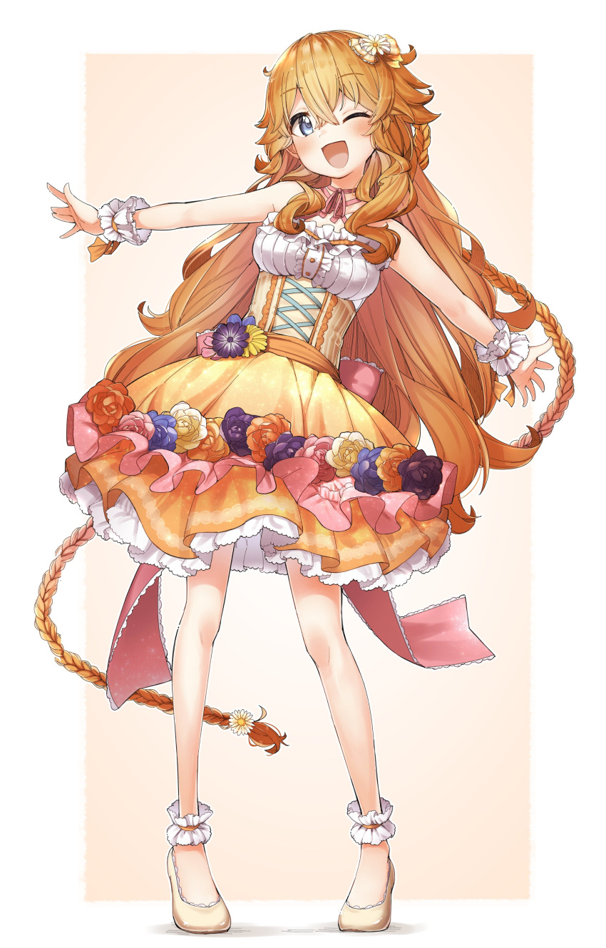 1girl, ;d, absurdres, bangs, bare_shoulders, blue_eyes, blue_flower, blue_rose