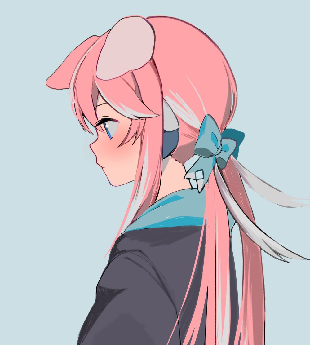 animal_ears, blue_background, blue_sweater, dog_ears, dog_girl, from_side, hair_ribbon, hood