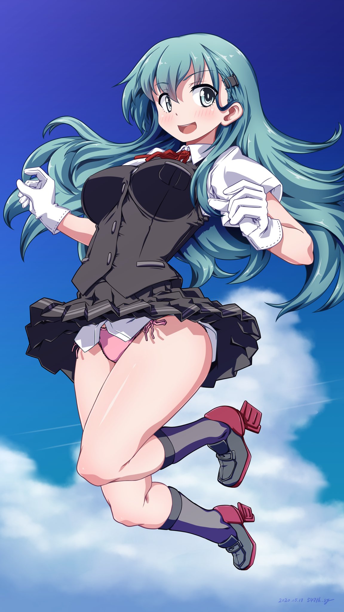 1girl, 547th_sy, alternate_costume, aqua_eyes, aqua_hair, ascot, black_legwear, blue_sky