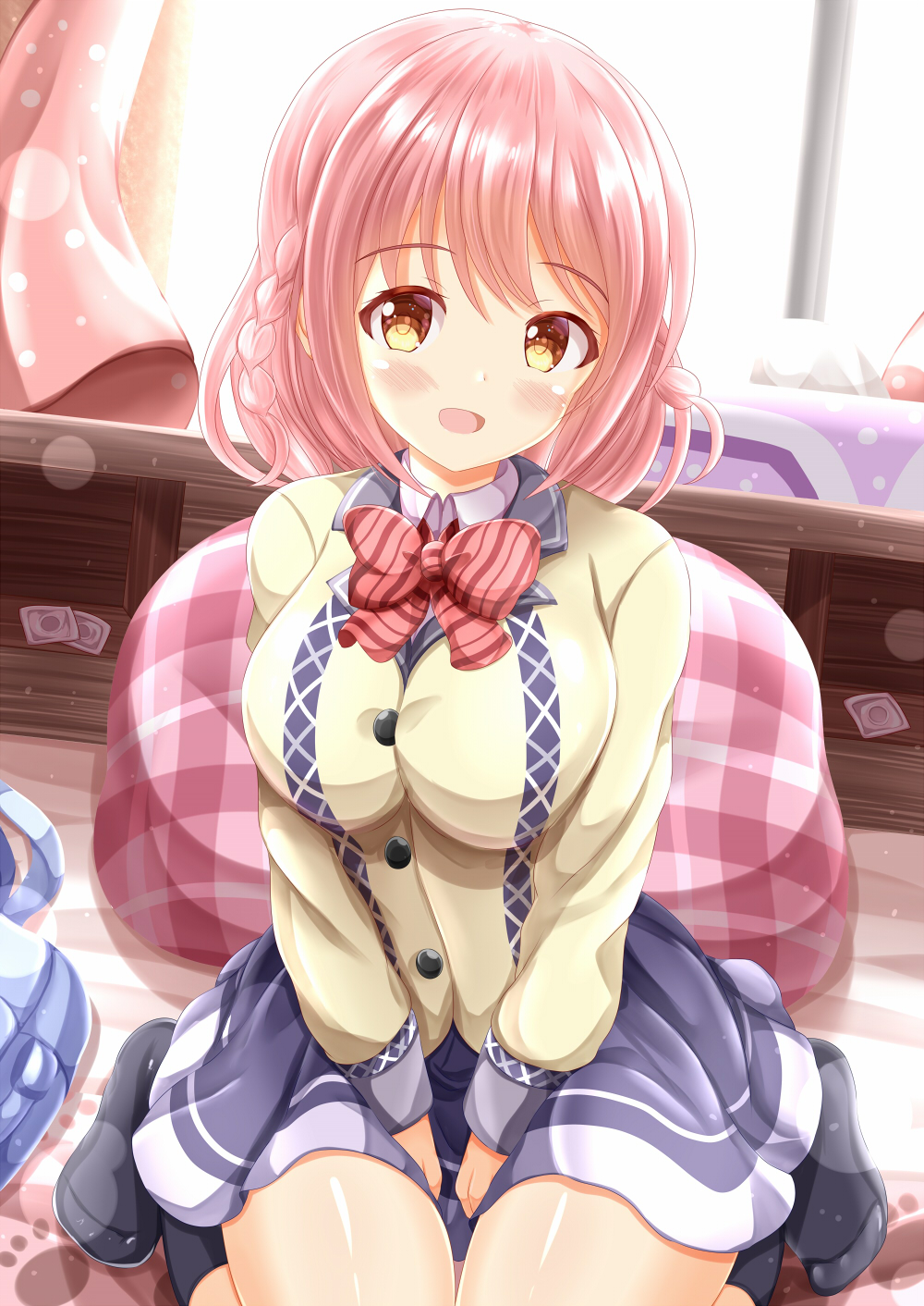 1girl, :d, bangs, black_legwear, blue_skirt, blush, bow, braid