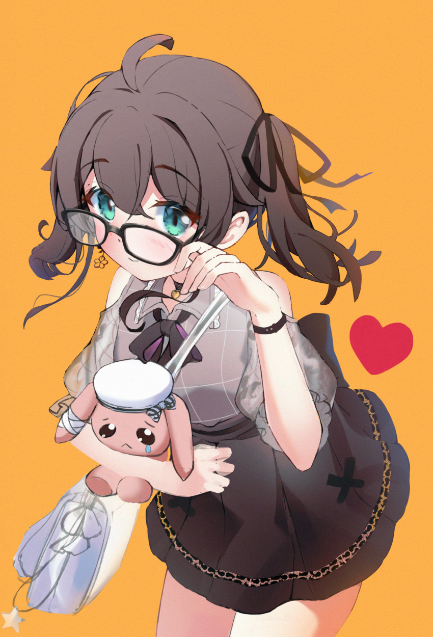 1girl, absurdres, ahoge, bag, bangs, beret, black-framed_eyewear, black_ribbon