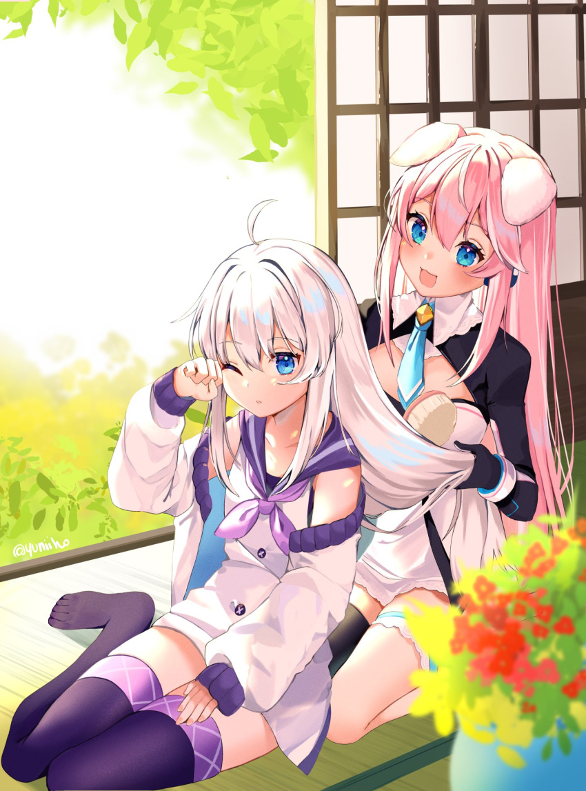 2girls, :3, animal_ears, asymmetrical_legwear, blue_sweater, brush, dog_ears, full_body