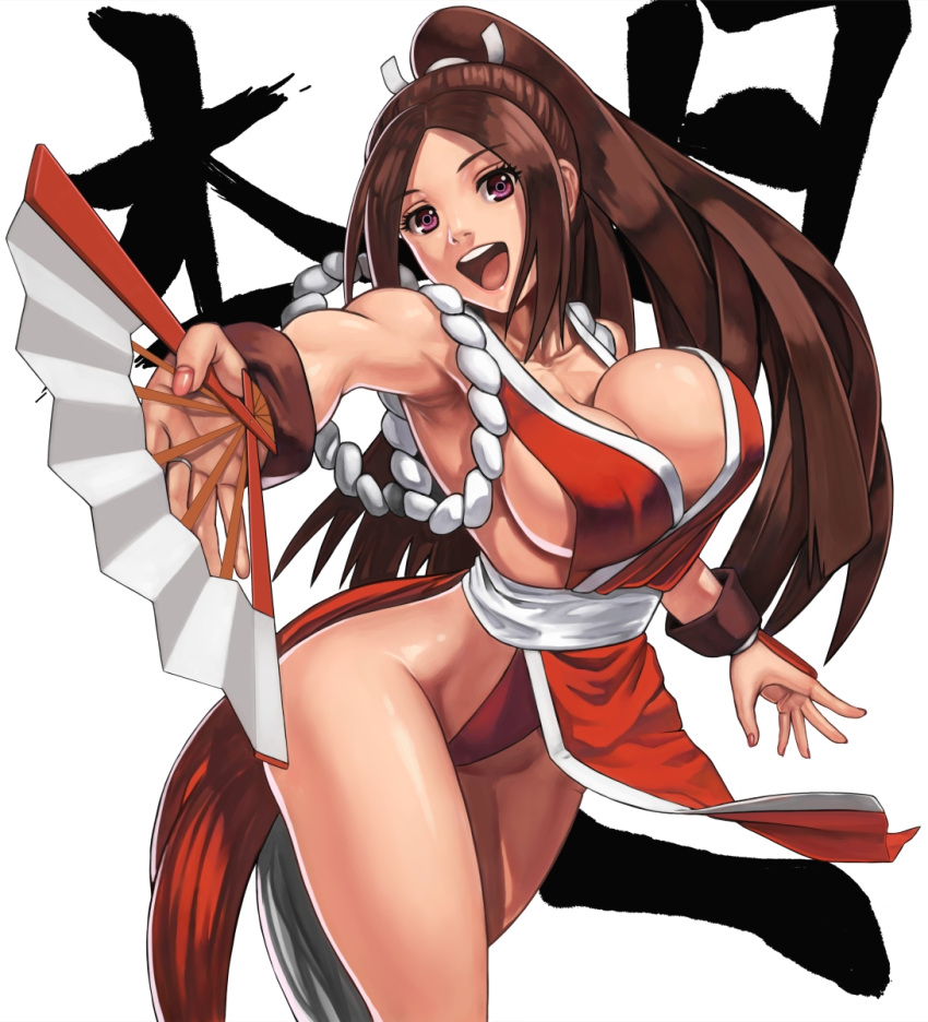 1girl, armpits, breasts, brown_hair, doburokumaru9, fan, fatal_fury, folding_fan, highres, large_breasts, long_hair, open_mouth, ponytail, revealing_clothes, shiranui_mai, solo