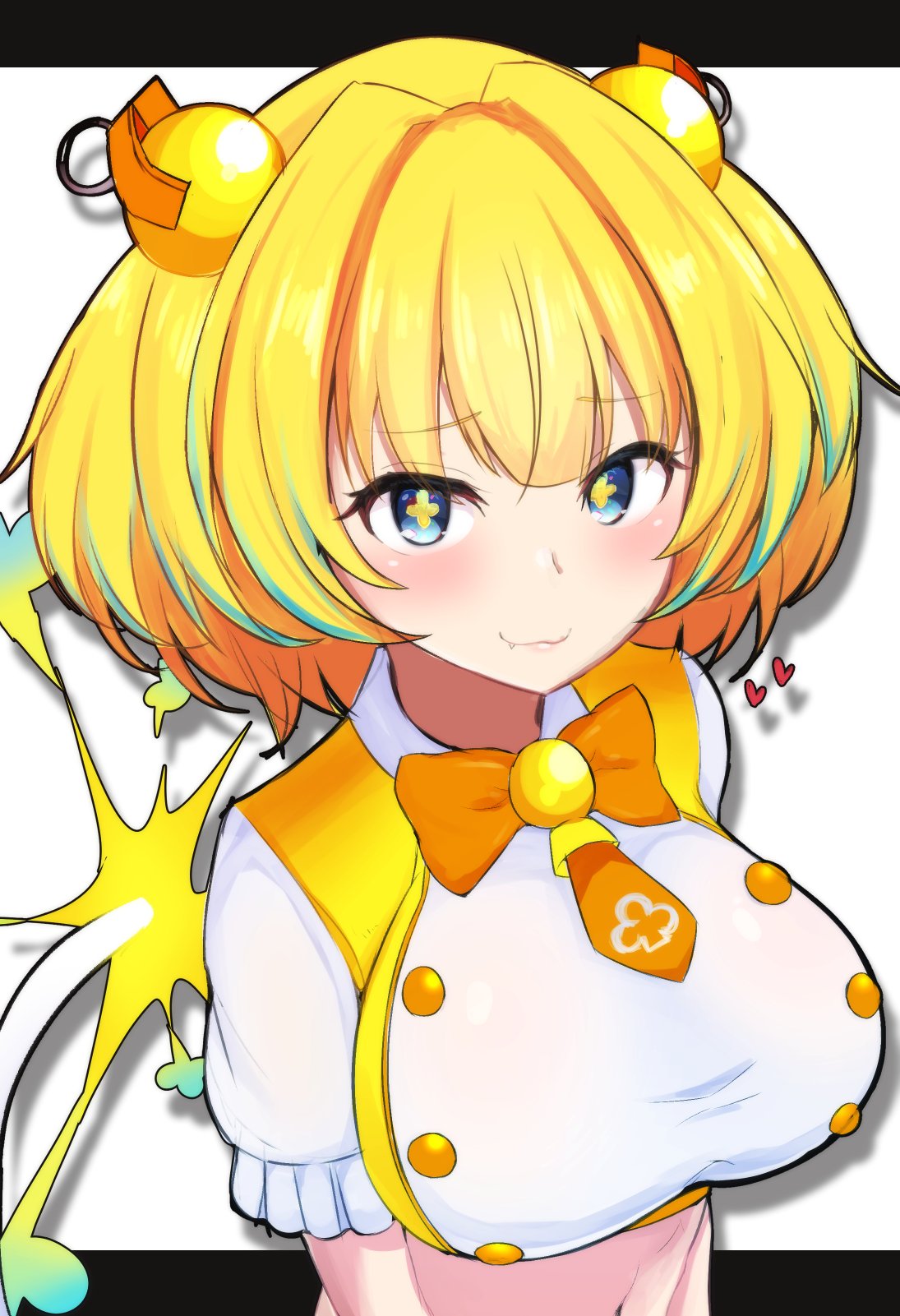 +_+, 1girl, blonde_hair, blue_hair, blush, bombergirl, breasts, closed_mouth, crop_top, eyebrows_visible_through_hair, fang, hair_intakes, heart, highres, large_breasts, looking_at_viewer, multicolored_hair, nanase_main, navel, pine_(bombergirl), puffy_short_sleeves, puffy_sleeves, short_hair, short_sleeves, smile, solo, two-tone_hair, upper_body