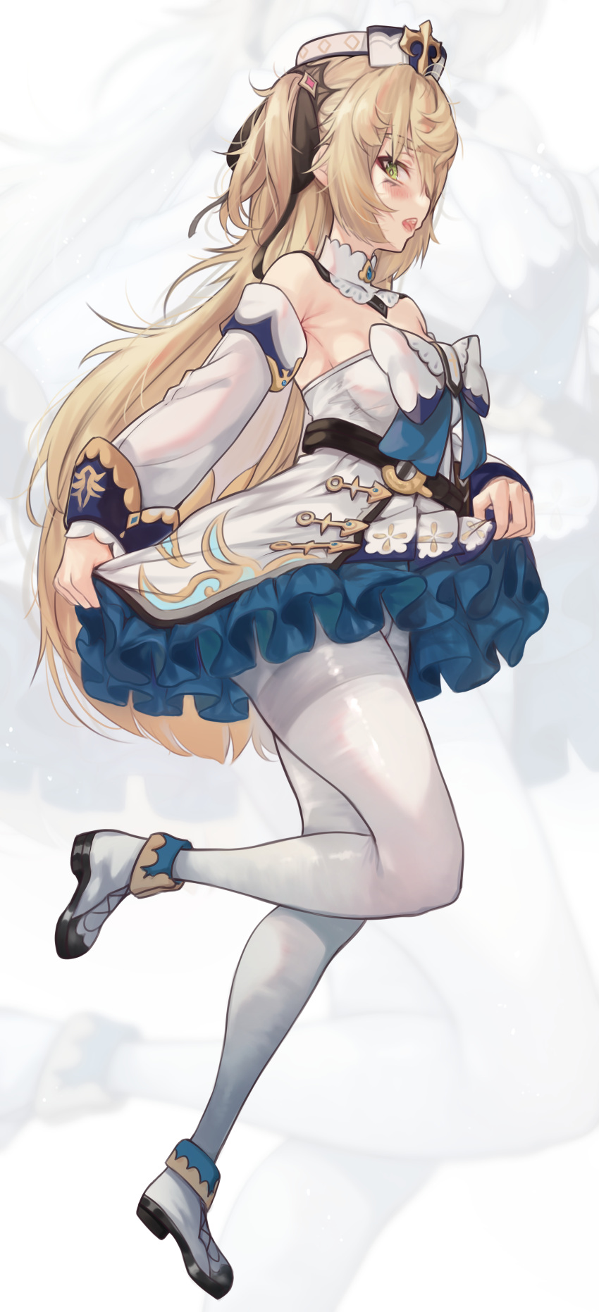 1girl, absurdres, alternate_costume, bad_anatomy, bangs, barbara_(genshin_impact), barbara_(genshin_impact)_(cosplay), bare_shoulders