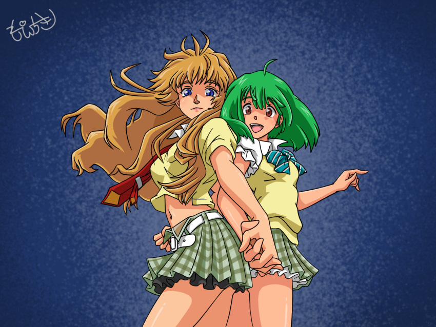2girls, bangs, belt, blue_background, brown_hair, clenched_hand, eyebrows_behind_hair, floating_hair, green_hair, highres, lion_(macross_frontier), looking_at_viewer, macross, macross_frontier, moechiki, multiple_girls, navel, open_mouth, plaid, plaid_skirt, ranka_lee, red_eyes, school_uniform, sheryl_nome, skirt, smile