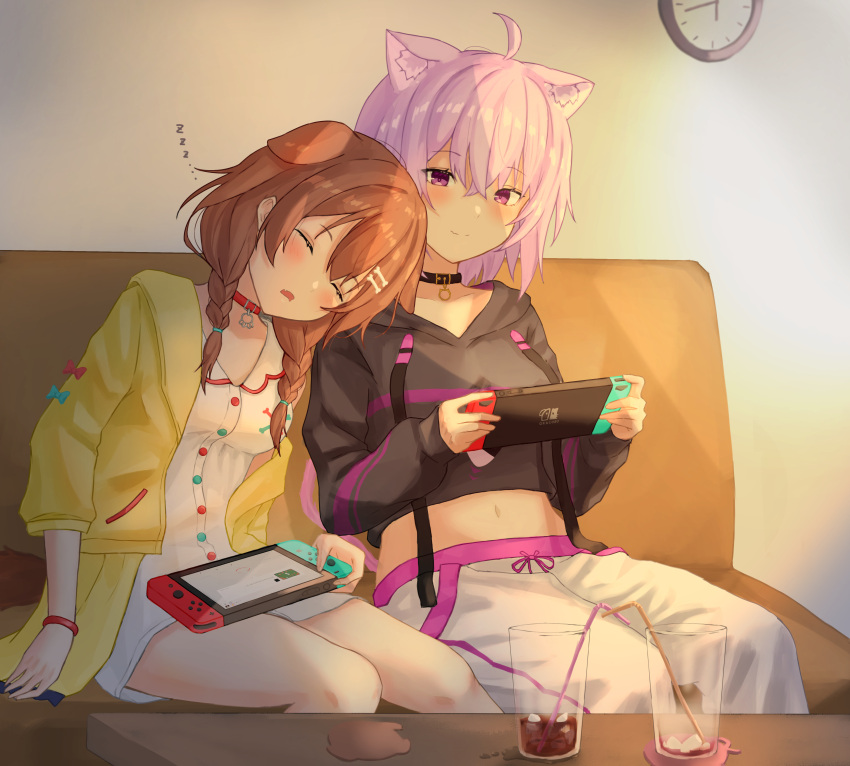2girls, 6mint, absurdres, animal_ears, black_choker, blush, bone_hair_ornament, breasts