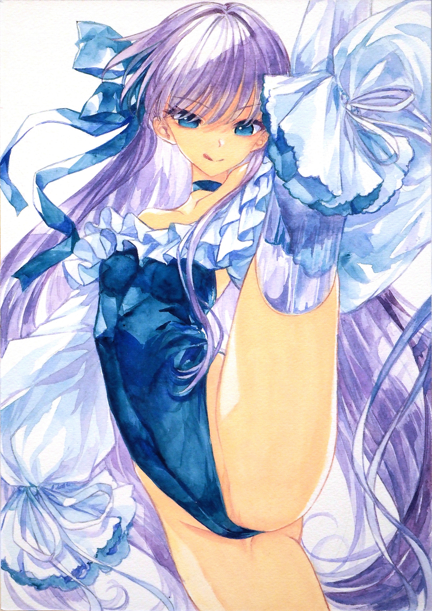 1girl, bangs, bare_shoulders, blue_eyes, blue_ribbon, blush, breasts, chikinan_tarou