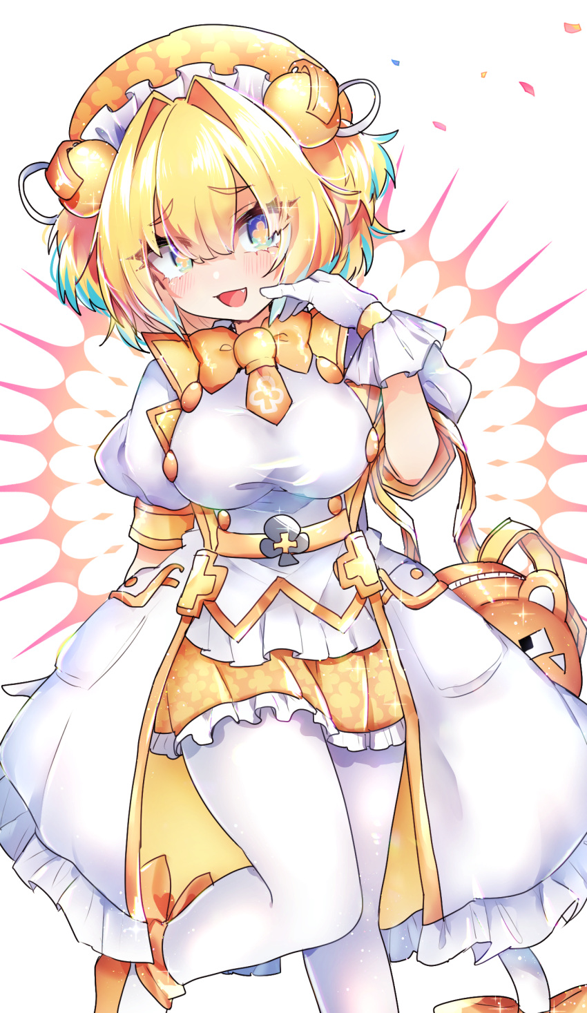 +_+, 1girl, blonde_hair, blue_eyes, blue_hair, blush, bombergirl, breasts