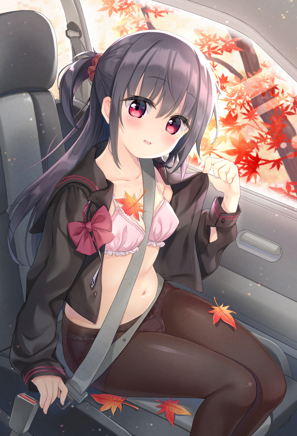 autumn_leaves, belly, black_blouse, black_hair, black_sailor_collar, black_serafuku, blouse, bow