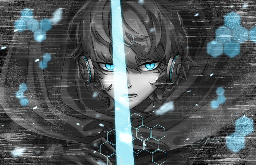 1boy, blue_eyes, cape, energy_sword, eyebrows_visible_through_hair, furitsu_hiiro, gentian18, gloves
