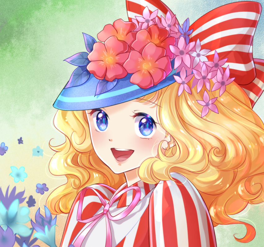 1girl, :d, blonde_hair, blue_eyes, blue_headwear, bow, candice_white_ardlay, candy_candy