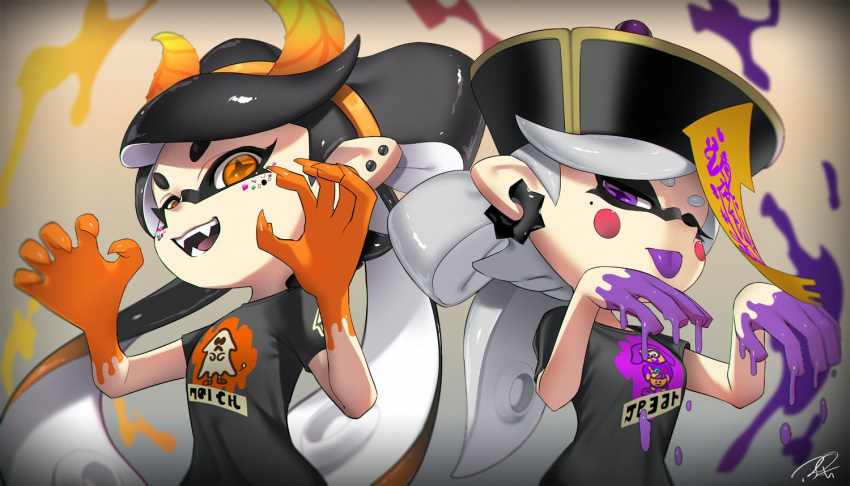 +_+, 2girls, :p, alternate_eye_color, alternate_headwear, artist_name, bangs, black_hair, black_headwear, black_shirt, blurry, blurry_background, callie, callie_(splatoon), claw_pose, commentary, cousins, depth_of_field, domino_mask, earrings, english_commentary, fake_horns, fangs, frown, gradient_hair, grey_hair, half-closed_eyes, halloween, halloween_costume, hat, horns, inkling_(language), jewelry, jiangshi_costume, long_hair, looking_at_viewer, marie_(splatoon), mask, medium_hair, mole, mole_under_eye, multicolored_hair, multiple_girls, ofuda, open_mouth, orange_eyes, orange_hair, orange_horns, outstretched_arms, paint_splatter, pointy_ears, print_shirt, puchiman, purple_tongue, qing_guanmao, shirt, short_sleeves, side-by-side, signature, smile, splatoon_(series), splatoon_2, stud_earrings, swept_bangs, t-shirt, tentacle_hair, tied_hair, tongue, tongue_out, very_long_hair, violet_eyes, zombie_pose