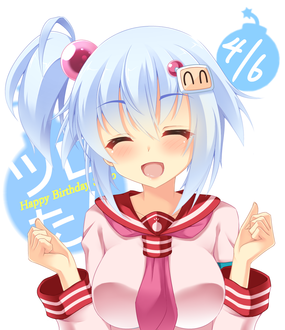 1girl, alternate_costume, blue_hair, bombergirl, breasts, closed_eyes, hair_ornament, houkiboshi