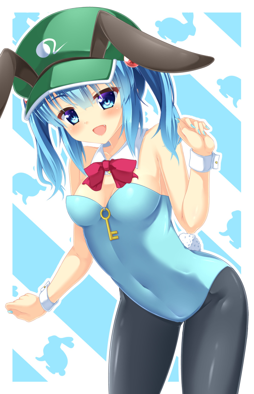 1girl, animal_ears, black_legwear, blue_eyes, blue_hair, blue_nails, blush, bow