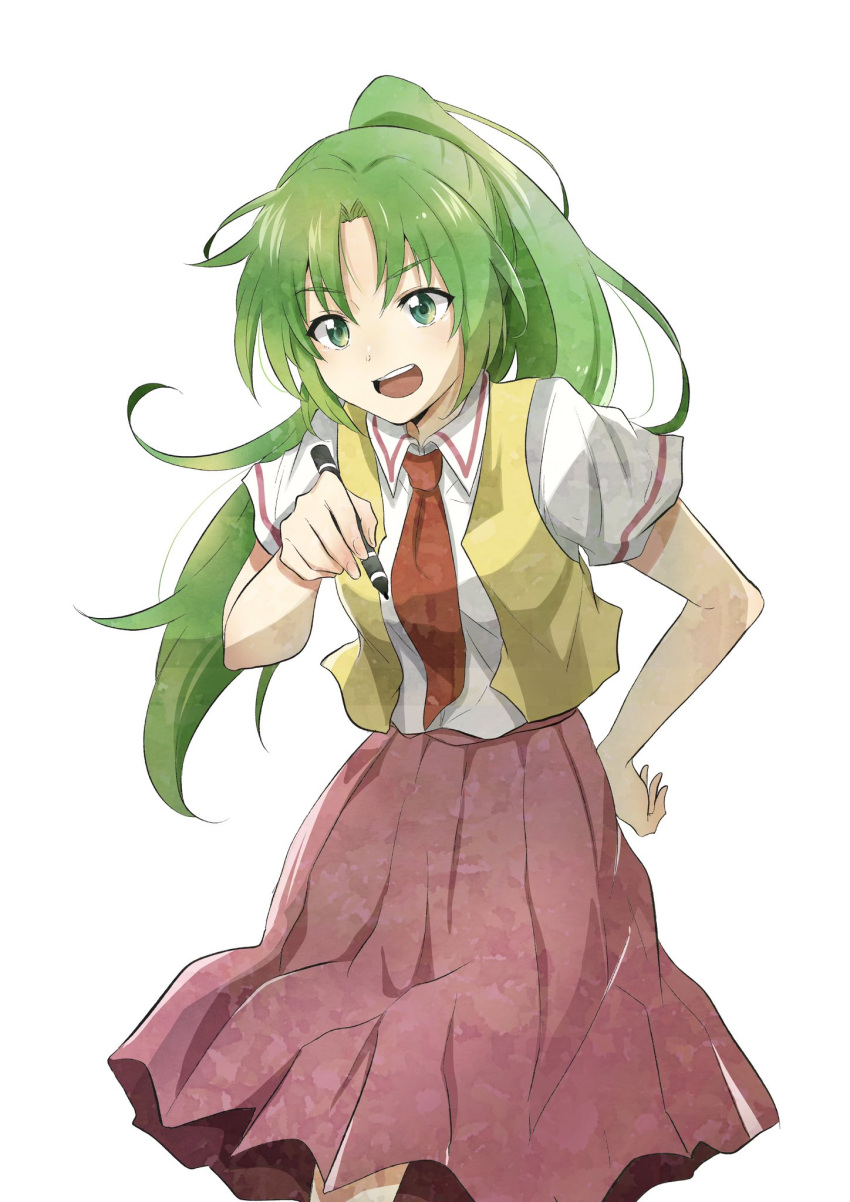 1girl, green_eyes, green_hair, hand_on_hip, highres, higurashi_no_naku_koro_ni, long_hair, long_skirt