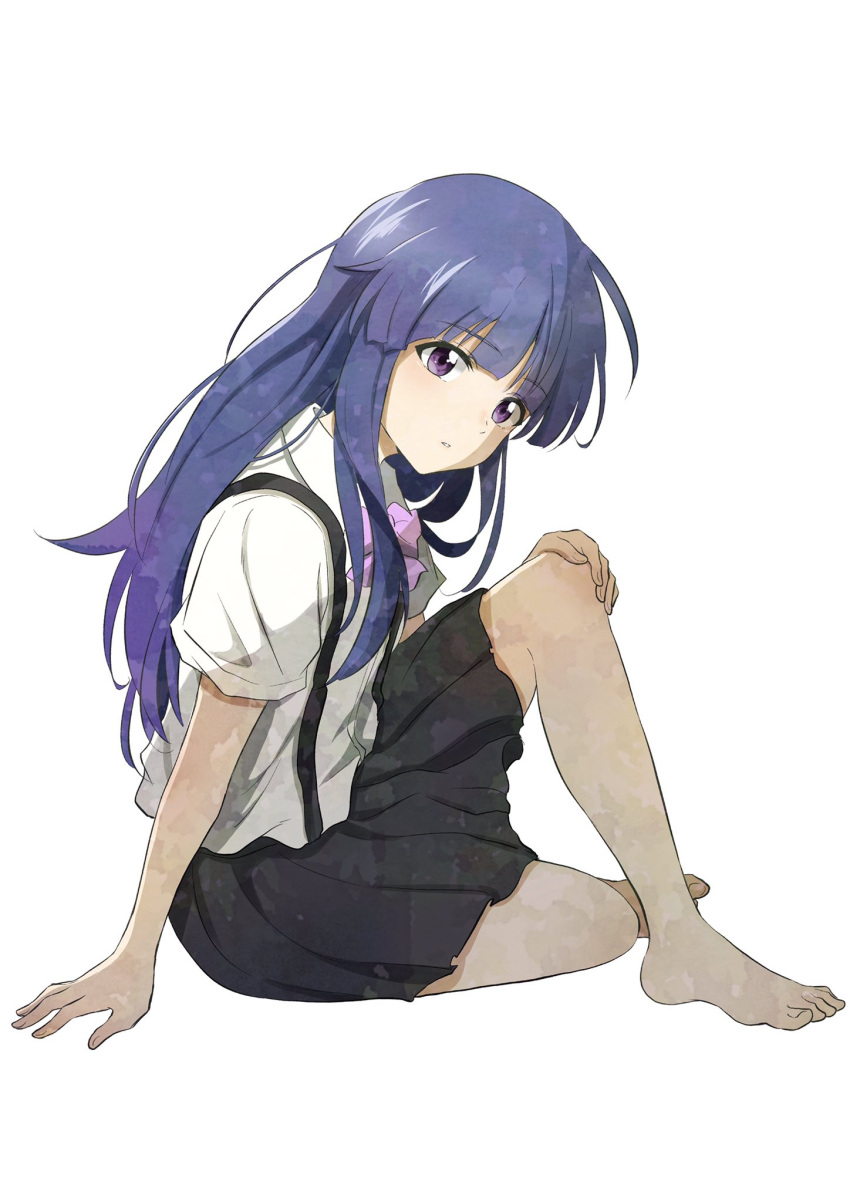 1girl, barefoot, black_skirt, blue_hair, bow, bowtie, full_body, furude_rika