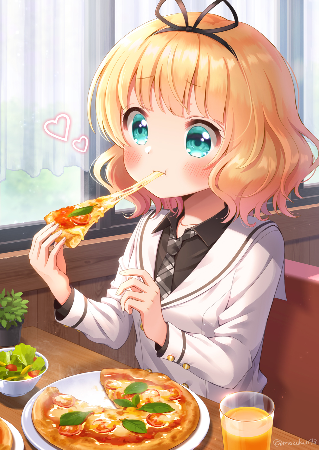 1girl, :t, aqua_eyes, bangs, black_shirt, blonde_hair, blush, curtains