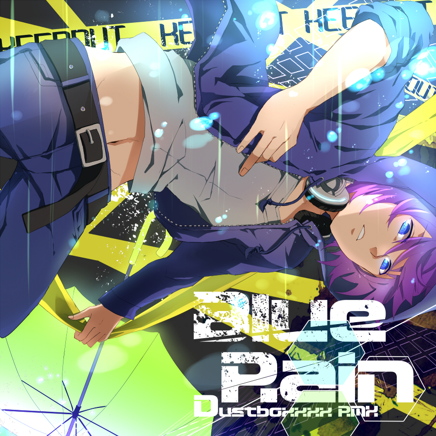 1boy, album_cover, aosame_rain, asaya-bigun, belt, blue_eyes, caution_tape, cover
