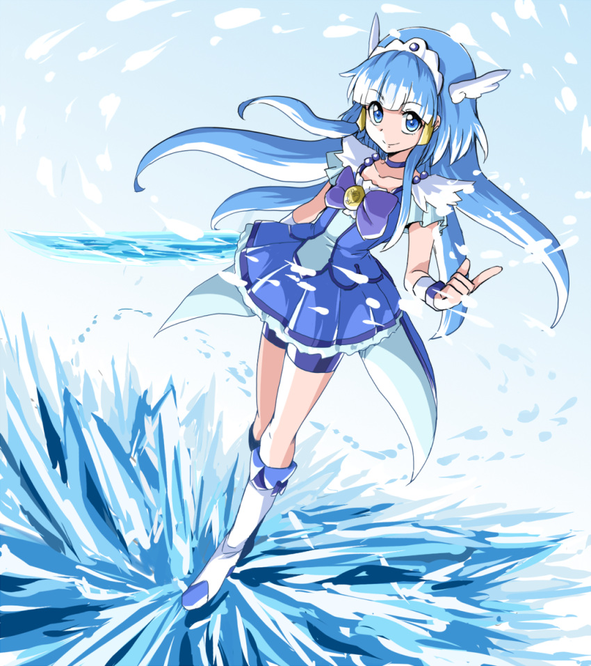 1girl, aoki_reika, bike_shorts, blue_background, blue_bow, blue_eyes, blue_hair, blue_shorts